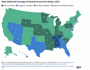 Color coded U.S. map showing state Medicaid coverage of dental services for adults, 2022